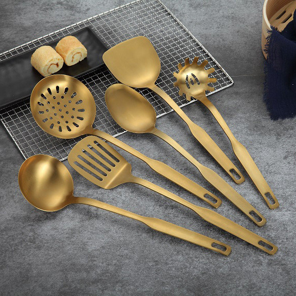 Originality Stainless Steel Kitchenware Cooking Tool Set 6pcs Set Gold Scoop Soup Ladle Skimmer Colander Kitchen Accessories