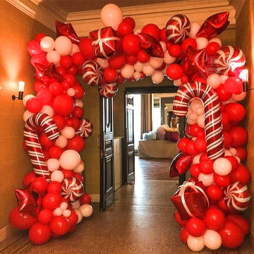 1set Christmas Balloon Garland Arch kit with Christmas Red White Candy Balloons Gift Box Balloons Red Star Balloons