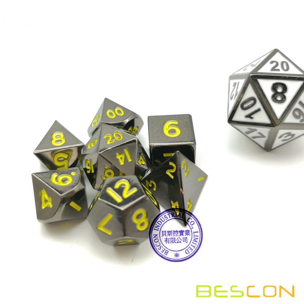 Bescon 10MM Mini Solid Metal Dice Set Glossy Black with Yellow Numbers, Mini Metallic Polyhedral D&D RPG Miniature Dice 7-sets