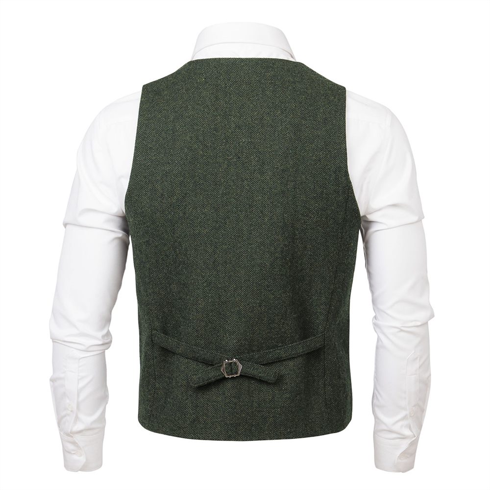 VOBOOM Men Waistcoat Suit Vest Male Herringbone Wool Blend Tweed Single-breasted Green Vests 007