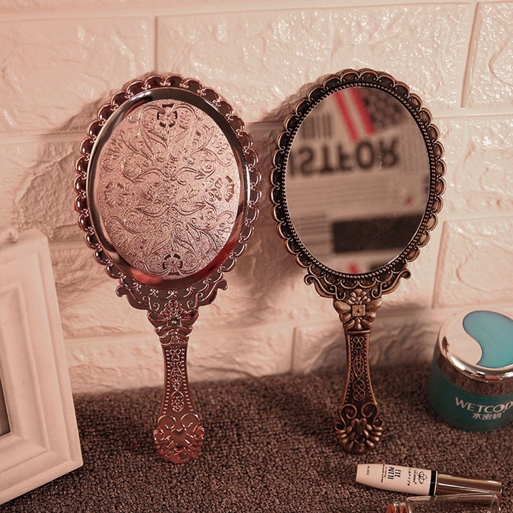 Vintage Handhold Makeup Mirror Repousse Floral Oval Round Cosmetic Hand Held Mirror With Handle For Ladies Beauty Dresser