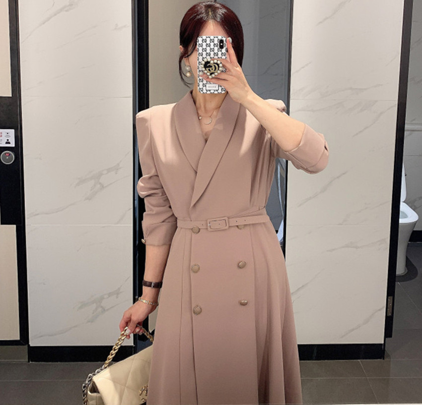 JSXDHK Office Ladies Chic Turn Down Collar Trench Coats Elegant Autumn Women Double-breasted Pink Long Windbreaker With Belt