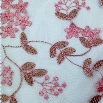 Pink Floral Embroidered 100% Polyester Tulle Fabric