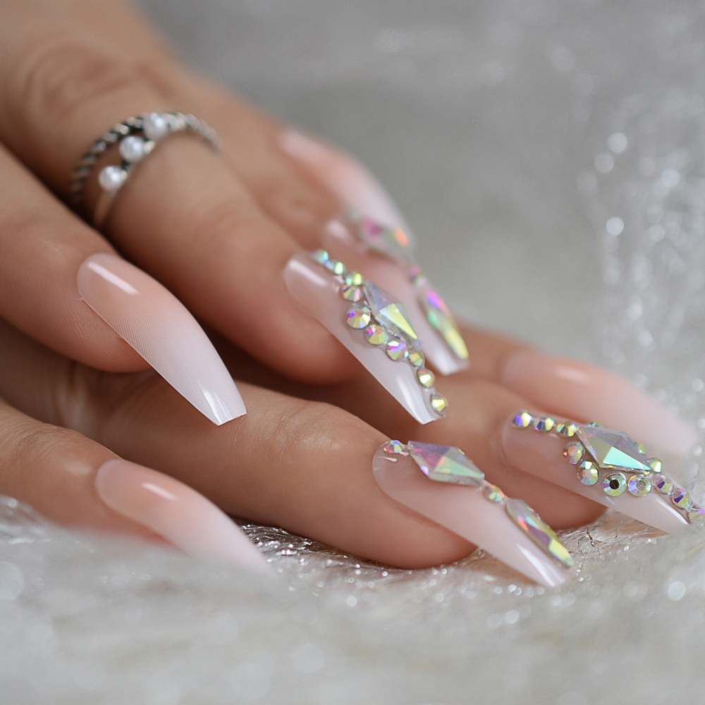 Luxury Nails Custom Large Stones Decorated Nail Art Tips Luxe Icy Ombre Coffin Shape Press On Nails Natural with Glue Sticker