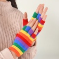 Kids Winter Knitted Full Half Finger Gloves Rainbow Colorful Striped Boys Girls Harajuku Outdoor Windproof Mittens 5-15Years Old