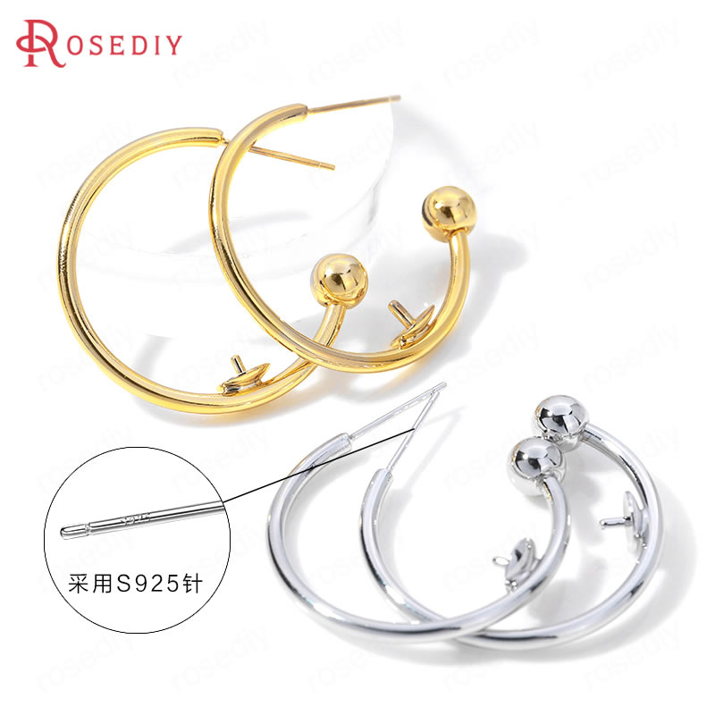 (35931)6PCS 30x29MM 24K Gold Color Brass with Half Pin Round Earrings Loop Stud Earrings High Quality Diy Jewelry Accessories