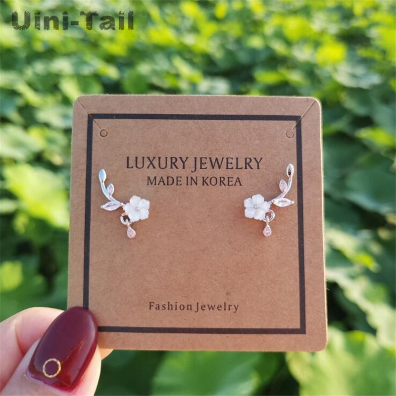 Uini-Tail hot new 925 sterling silver natural shell hand-carved flower earrings Korean plum small fresh ear jewelry GN540