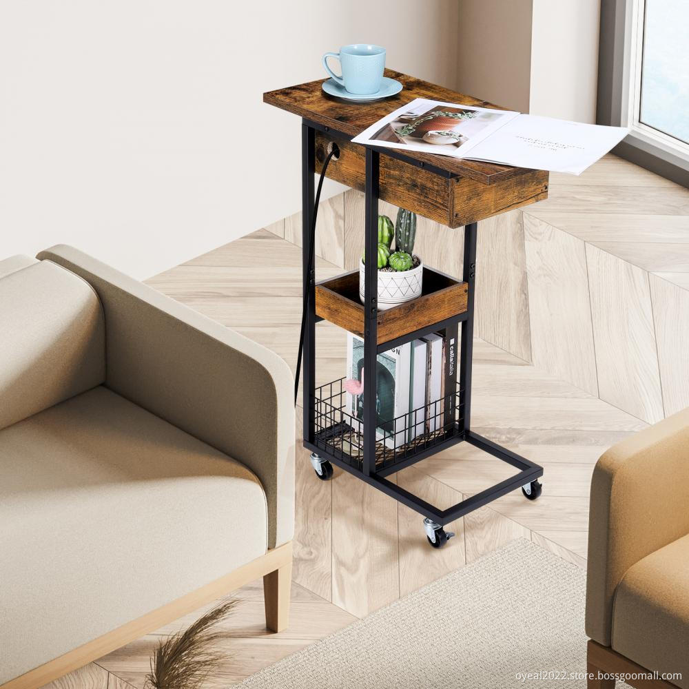 Sofa Side Table with Storage Basket Rolling Wheels