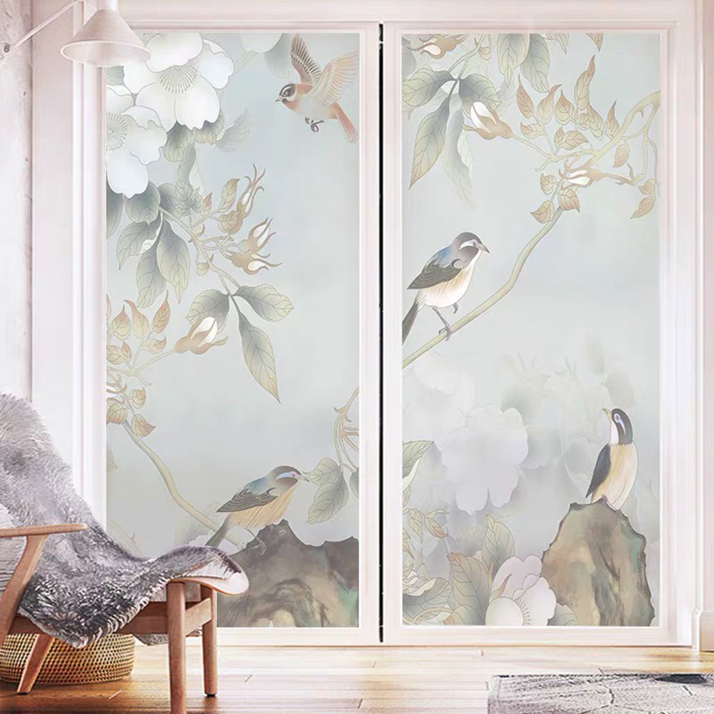 Bird Decorative Film Flower Painting Window Sticker Stained Static Glass Film Privacy Kitchen Bathroom Door Custom Home Decor