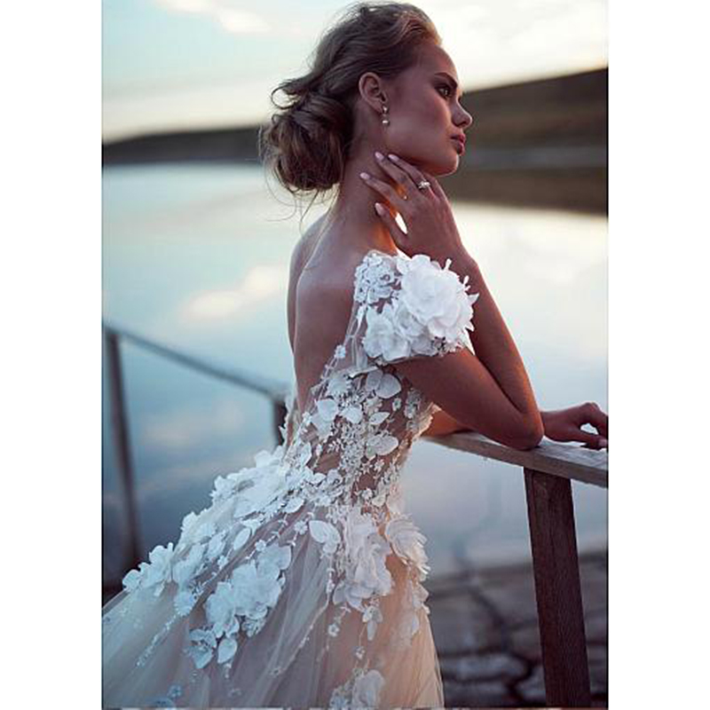 Champagne Tulle Boho Wedding Dresses 2020 Sexy Backless Princess Bridal Dress Lace Appliques 3D Flowers Beach Wedding Gowns