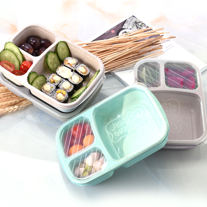 Lunch Wheat Straw Bento Box 3 Grid With Lid Microwave Food Box Biodegradable Storage Container Lunch Bento Boxes Dinnerware Set