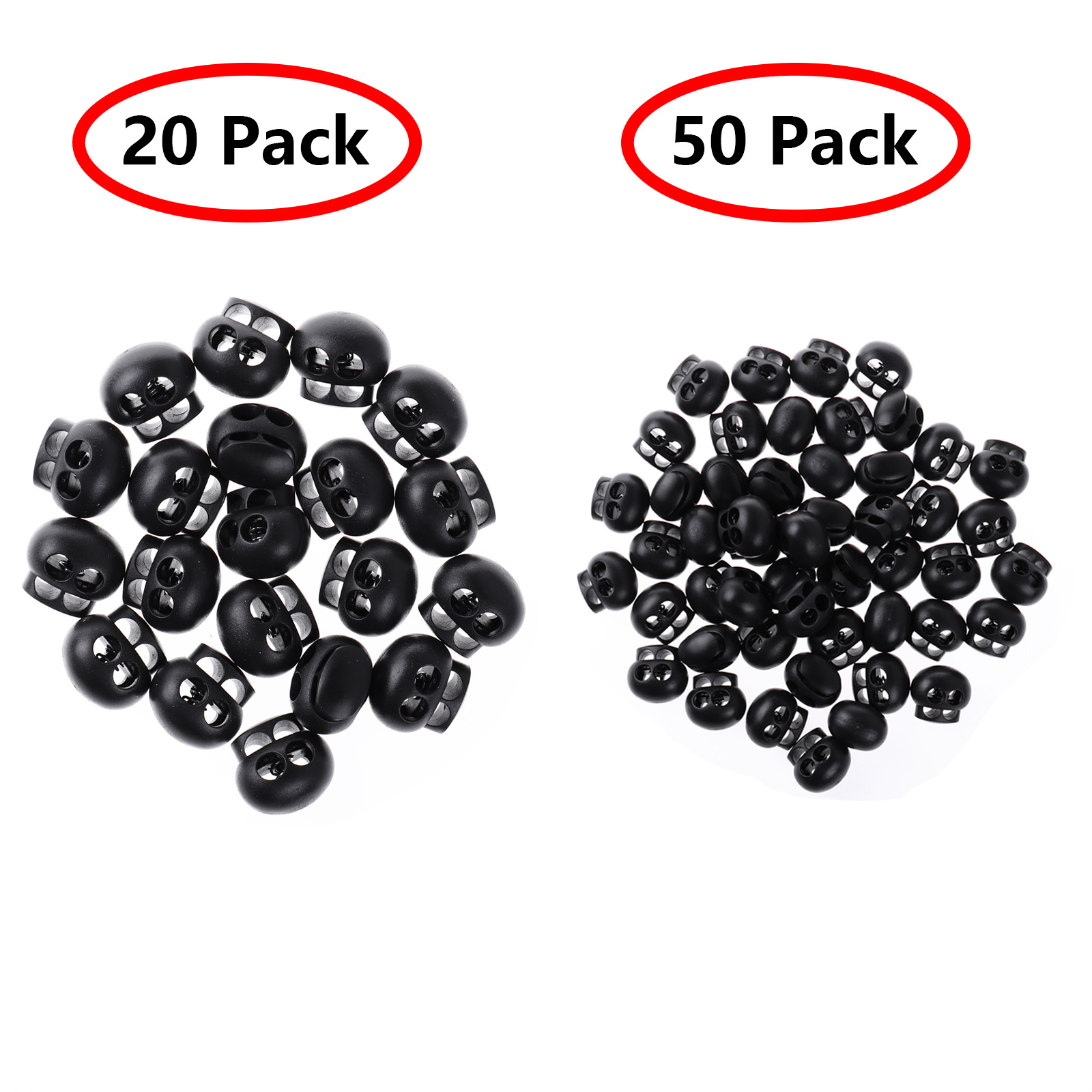 20/50 Black Double Hole Spring Cord Lock Plastic Lanyard Shoelace Fastener Buttons DIY Paracord End Stopper Toggle with Pig Nose