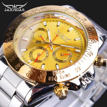 Jaragar Golden Automatic Men Wristwatch 3 Sub Dial Design Calendar Big Watches Steel Strap Mechanical Luxury Business Clock Gift