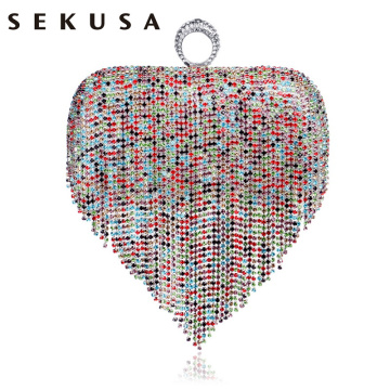 SEKUSA Tassel Rhinestones Day Clutch With Finger Ring Diamonds Evening Bags Chain Shoulder Purse For Evening Dress Wallet