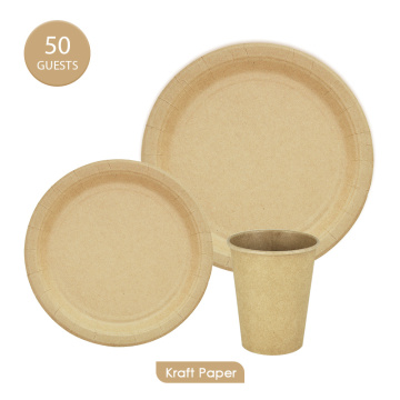 150pcs 50Guests Kraft Paper Tableware Sets Disposable Plates Cups Birthday Party Decration Supplies Eco-Friendly