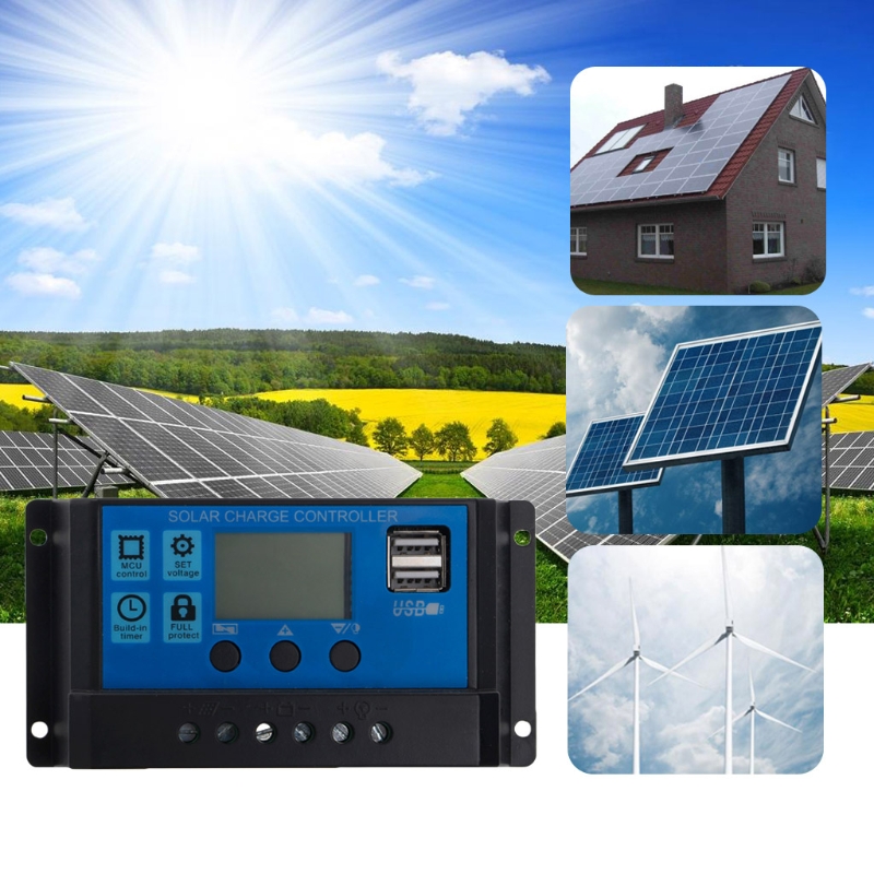 PWM 10/20/30A Dual USB Solar Panel Battery Regulator Charge Controller 12/24V LCD Charge Controller