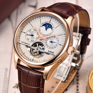 LIGE Brand Men watches Automatic mechanical watch tourbillon Sport clock leather Casual business wristwatch Gold relojes hombre