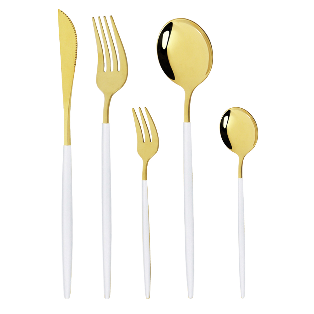 5Pcs Dinnerware Set white Gold Cutlery Set Stainless Steel Golden Cutlery Tableware Set Western Spoon Fork Knife Flatware Set