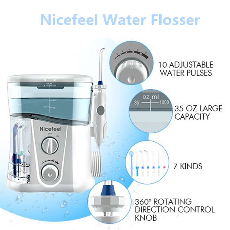 Nicefeel 1000ml Electric Oral Irrigator Teeth Cleaner Care Dental Flosser SPA Water Flosser + 7 Pcs Jet Tips