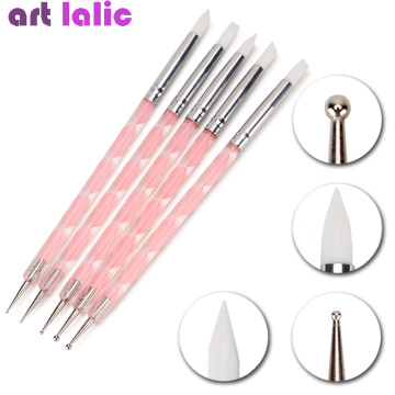 5Pcs 2 Way Nail Art Acrylic Silicone Point Flower Double Head Nail Pen Stainless Steel Dotting Tools Marbleizing Painting Pens