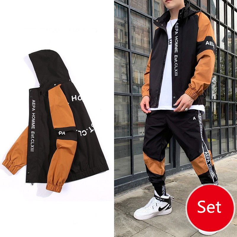 Tracksuit Set Men's Spring Autumn Workwear Sporting Suit Hooded Jacket+Pants Hip Hop Patchwork 2PCS Sweatsuit For Men Clothing