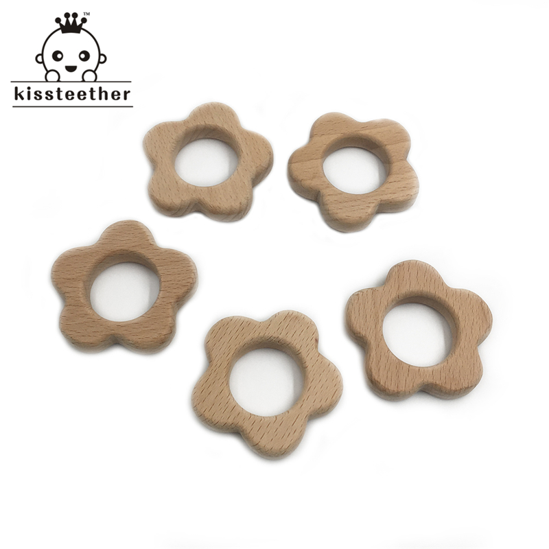Organic Beech Wooden Flower Natural Handmade Wooden Teether DIY Wood Personalized Pendent Eco-Friendly Safe Baby Teether Toys