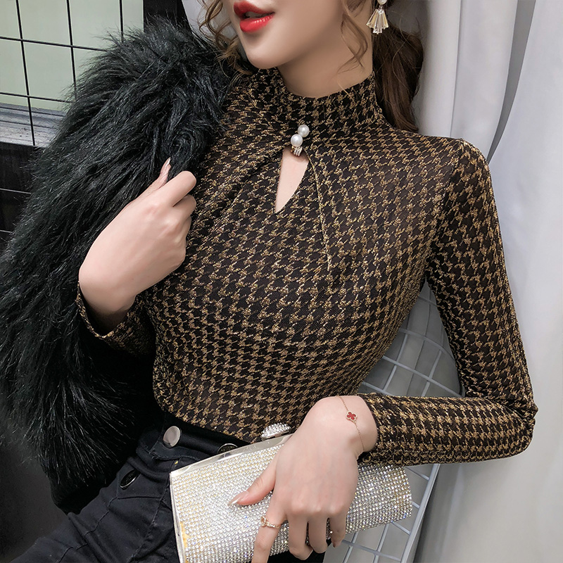 2020 Spring Summer Elastic Shiny Clothes Houndstooth T-shirt Sexy Hollow Out Women Tops Ropa Mujer Bottoming Shirt Tees T02313