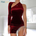 HAOYUAN Sexy Glitter Tassel Velvet Party Night Club Dress Women 2020 Spring Vestidos Backless One Shoulder Bodycon Mini Dresses