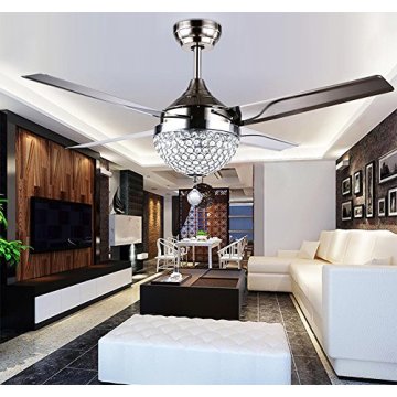 44'' Crystal Ceiling Fan Light with LED Light Kits Remote Control 4 Stainless Steel Blades Modern Chandelier Pendant Lighting