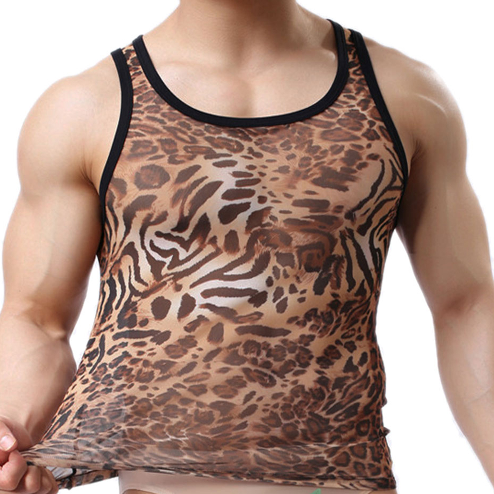 Leopard Print Mens Undershirt See Through Sheer Mesh Sleeveless T Shirts Muscle Tank Top T-shirt Sexy Gay Men Underwear Clothing