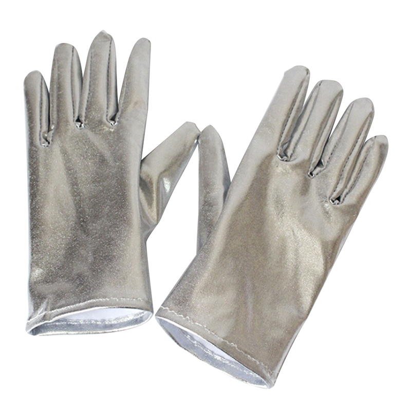 1 Pair Silver Sexy Wrist Length Latex Gloves Women Wet Look Fake Leather Metallic Glove Evening Party Stage Performance Mittens
