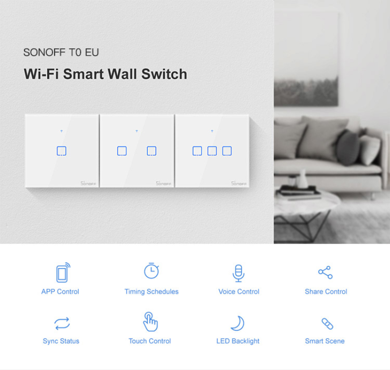 SONOFF T0 TX Smart WiFi Smart Switches with 1/2/3 Gang Wireless Wifi Switch for Alexa Google Home Smart Home Automation EU&UK&US