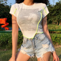 WannaThis Splice O-Neck Short Sleeve T shirt Aysmmetric Hem Pattern Printed Slim Crop Top Summer Casual Streetwear Tshirt Women