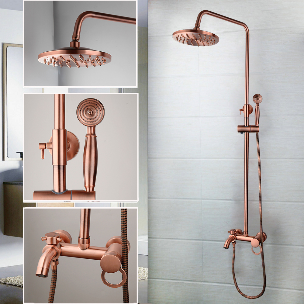 JIENI Antique Copper Bathroom Shower Set Rainfall Shower Head Bath Shower Mixer Set 3 Functions W/Hand Shower Tap Faucet