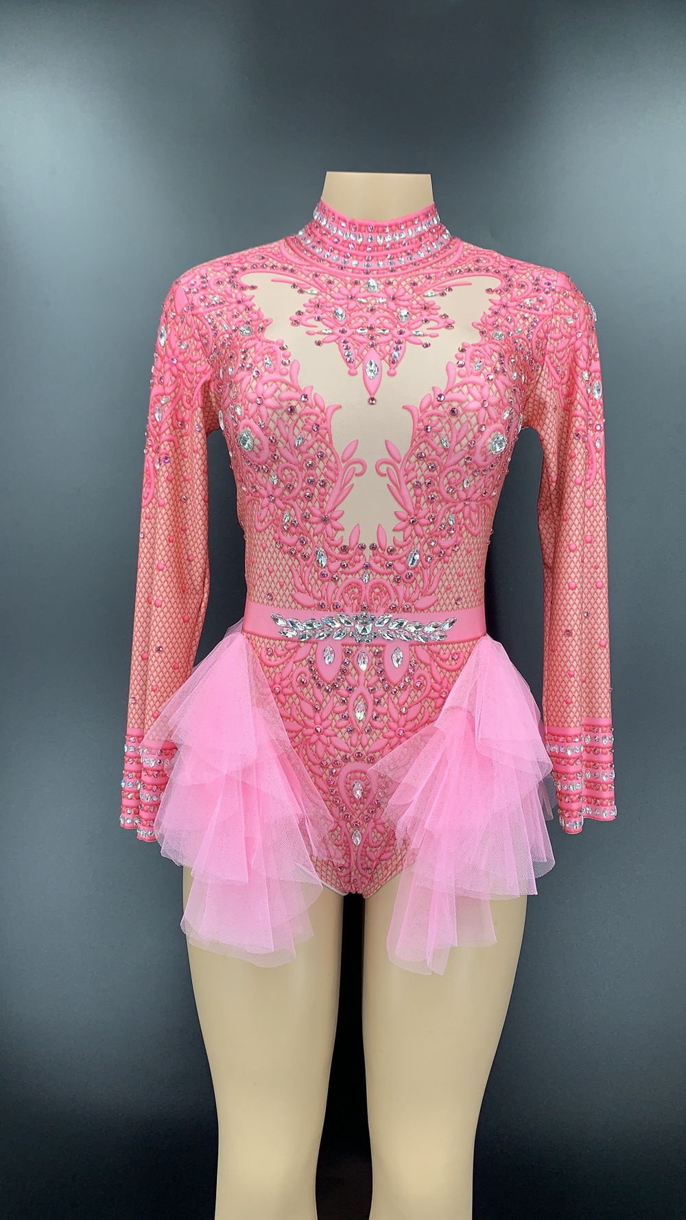 Red Silver Rhinestone Lace Long Sleeve Bodysuit Birthday Celebrate Prom Outfit Women Dancer Singer Performance Show Stage Wear