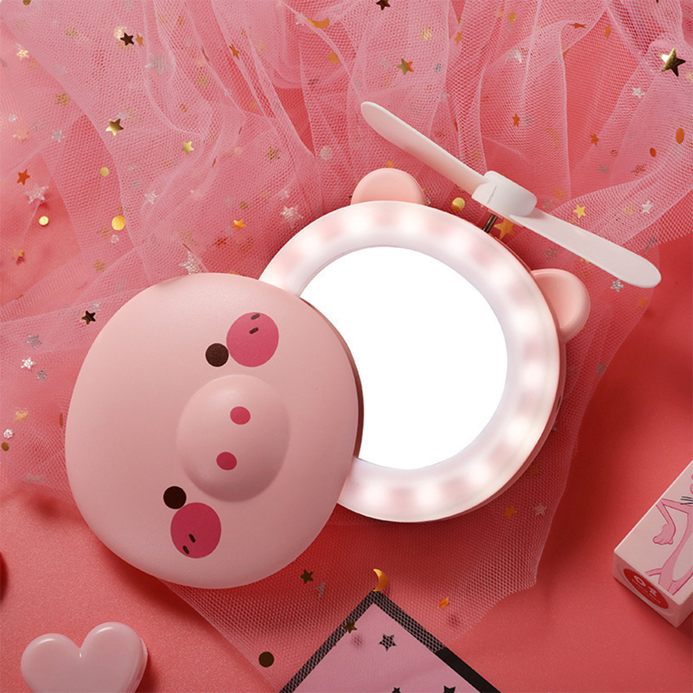 Portable Makeup Mirror With LED Light Cartoon Folding Fan USB Charging Natural Bright Adjustable Pink Makeup Mirror Bath Tool