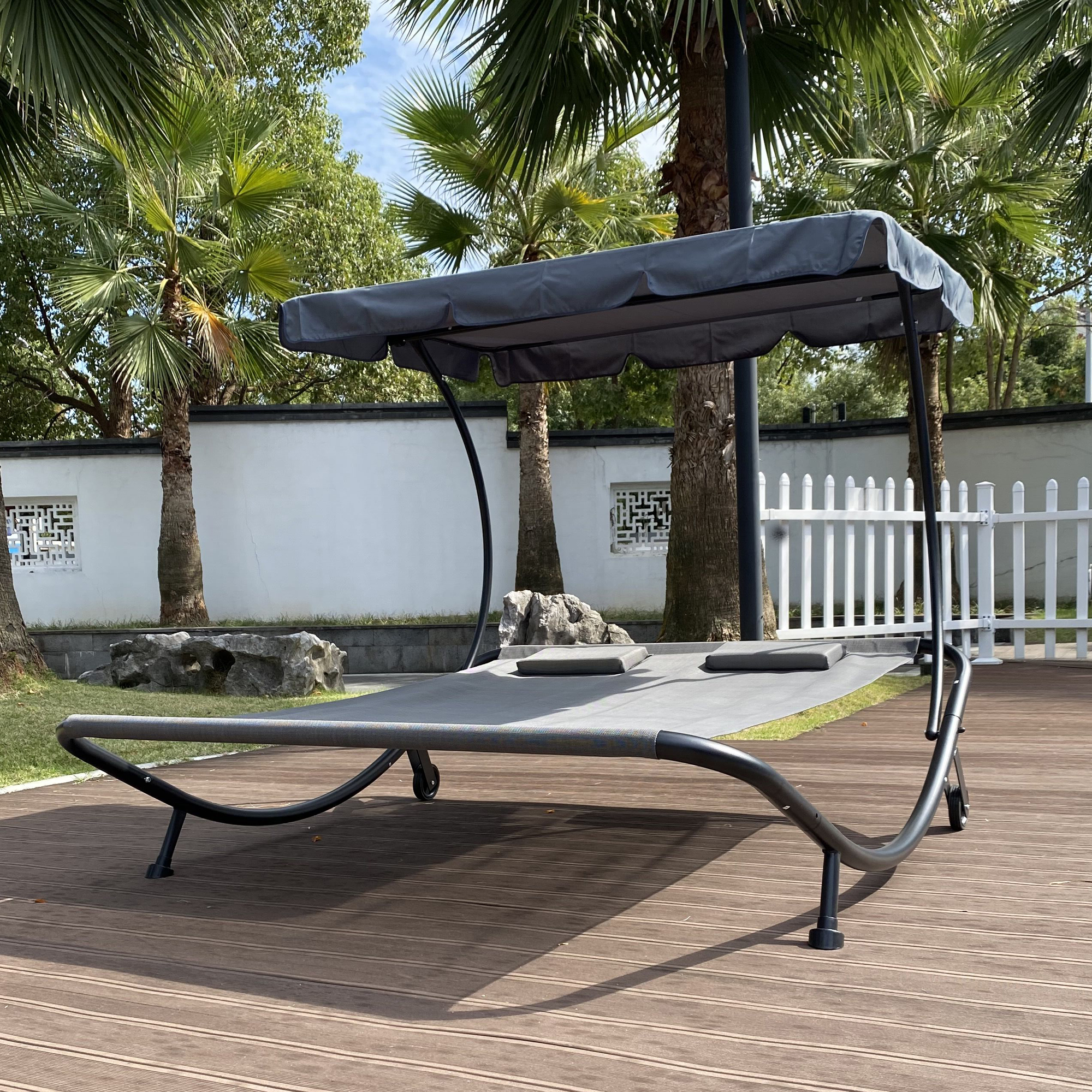 Outdoor Portable Double Chaise Lounge Bed with Adjustable Canopy Pillows for Sun Room Garden Courtyard Poolside Beach [US-Stock]