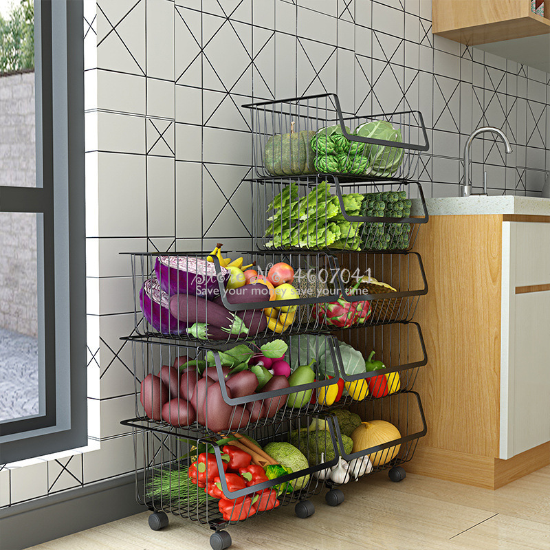 Kitchen Metal Racks & Holders Vegetable Fruit Racks with Wheels Basket Home Floor Multi-layer Kitchen Storage & Organization