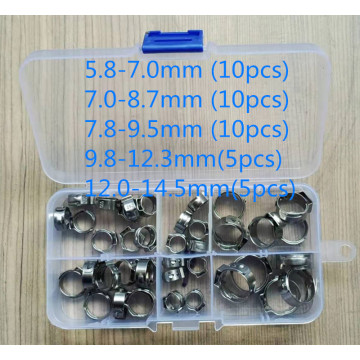 Free shipping Pipe Clamp High Quality 40 PCS Stainless Steel 304 Single Ear Hose Clamps Assortment Kit Single with box