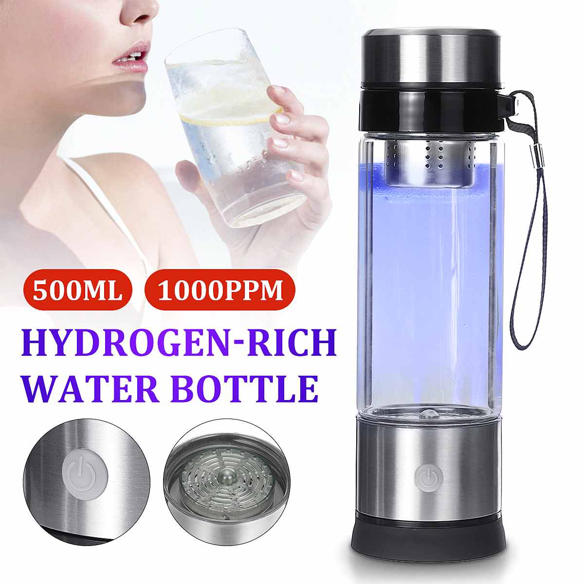 500ML Portable Hydrogen Water Generator Cup Water Filter Ionizer Maker/Generator Super Antioxidants Hydrogen Alkaline Bottle