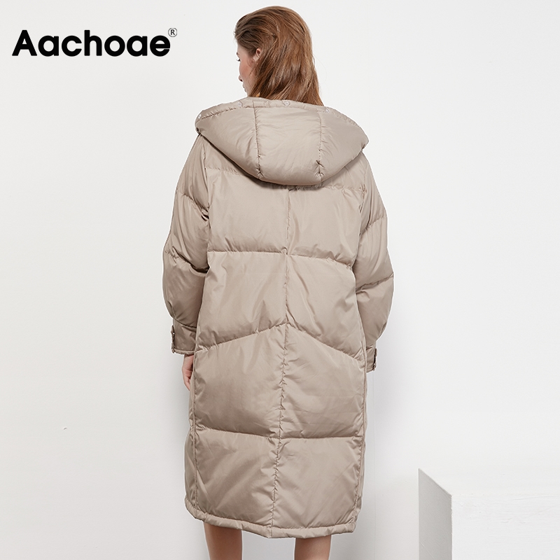 Aachoae Autumn Winter Long White Duck Down Coat Women Long Sleeve Loose Casual Hooded Puffer Jacket Outerwear Femme Veste