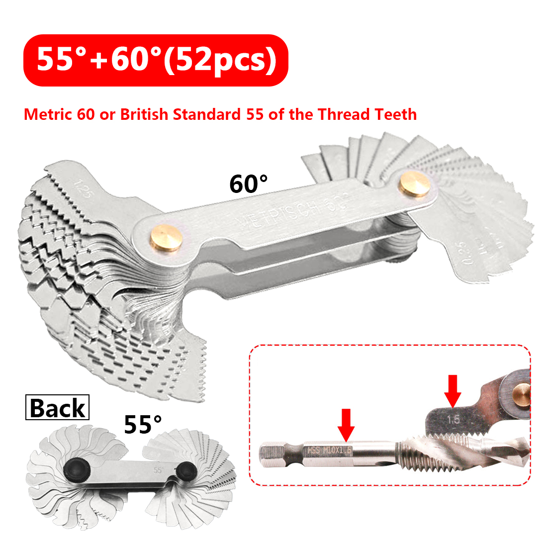 52pcs Blade Screw Thread Tooth Pitch Cutting Steel Gauge Measuring Tool 55 Degree Inch 60 Degree Metric Gauge