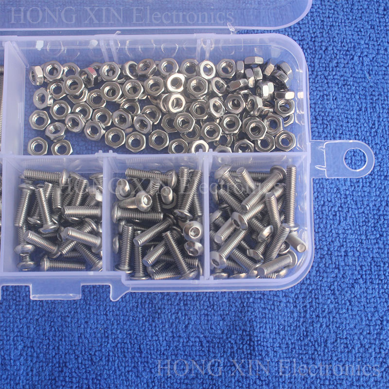 250pcs/set M3 Button Head screw 304 Stainless Steel Hex Socket Screws Bolt With Hex Nuts Assortment Kit Repair Tool Sample box