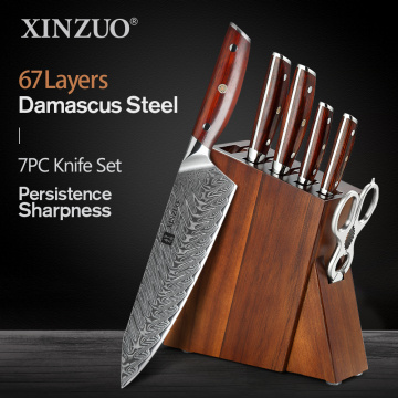XINZUO Acacia Wood Knife Block Stand Knives Set High Carbon Damascus Steel Knife Holder Accessories Tool with Rosewood Handle