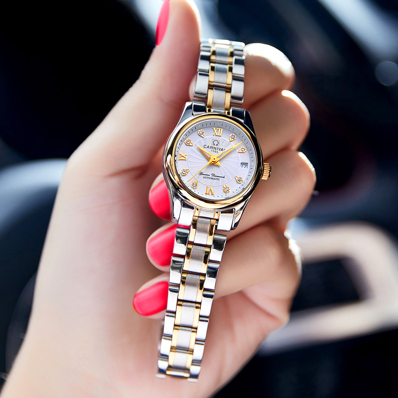 Relogio Feminino CARNIVAL Luxury Women Mechanical Watches Ladies Waterproof Crystal Sapphire Automatic Wristwatch Calendar Clock