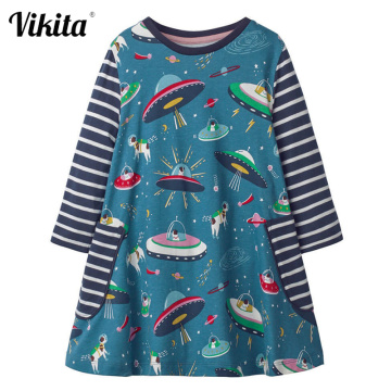 VIKITA Kids Girls Dress Toddlers Long Sleeve Dresses Children Autumn Clothing Girls Cotton Striped Dress Kid Tops Casual Outfits