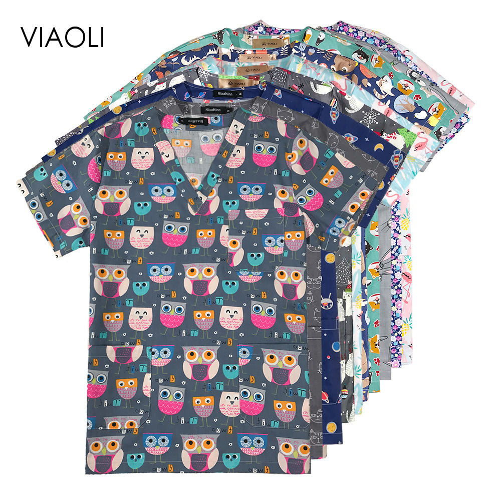 High Cartoon print surgical uniforms pharmacy hospital nurse scrubs tops breathable beauty salon dentistry pet doctor overalls