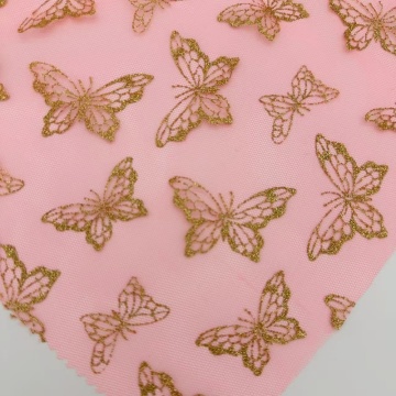 100% polyster tulle fabric with gold butterfly glitter