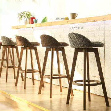 Solid Wood Retro Bar Chairs Modern Light Luxury Swivel Chair Home Fabric Bar Stool Kitchen Furniture Leisure Nordic Bar Chair