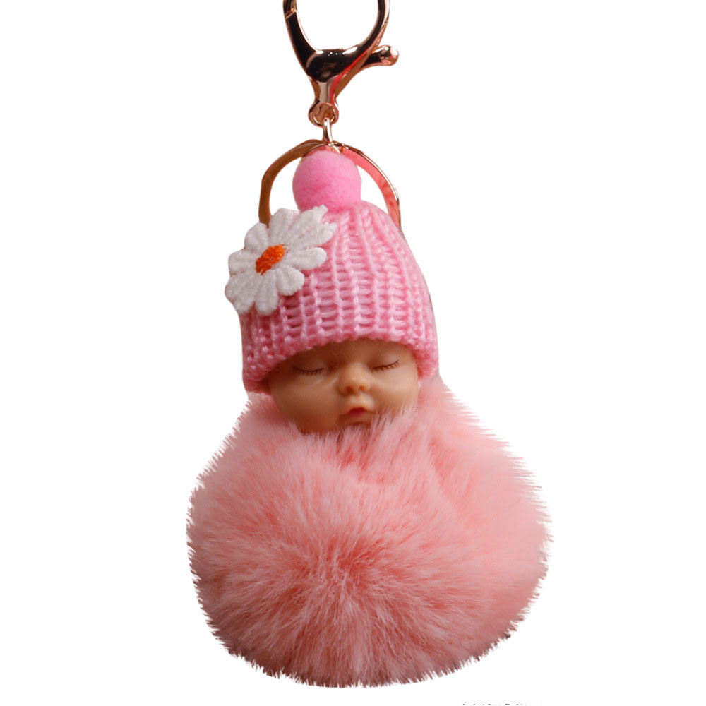 #40 2021 Cute Fur Fluffy Pompom Sleeping Baby Doll Key Chains Keyrings Bags Charm Pendant Metal Plating And Plush